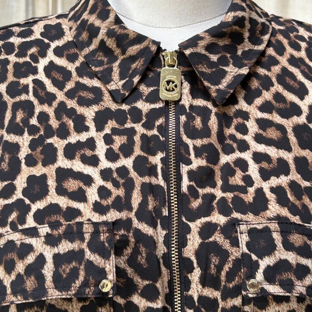 Michael Kors Leopard Animal Print Top Womens L Zip Up Blouse Lightweight Luxury - Picture 5 of 13